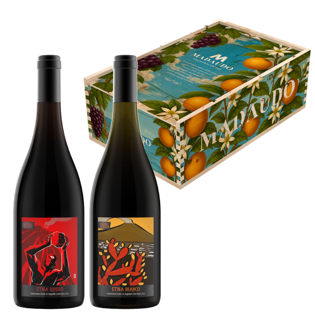 Cassetta in Legno - Sicilia Illustrata - 2 Bottiglie: Etna Rosso DOC - Etna Bianco DOC