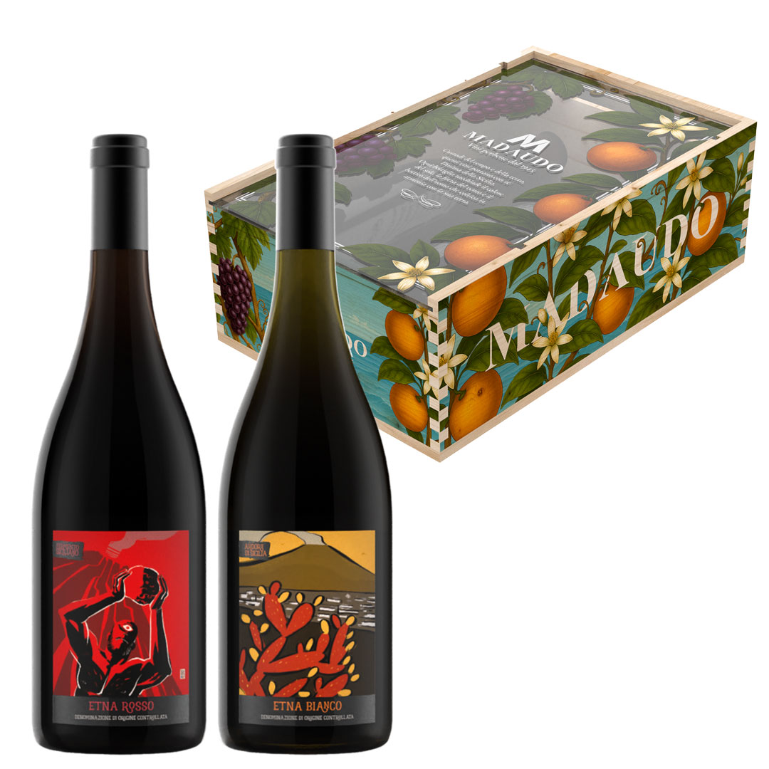 Cassetta in Legno - Sicilia Illustrata - 2 Bottiglie: Etna Rosso DOC - Etna Bianco DOC - immagine 2