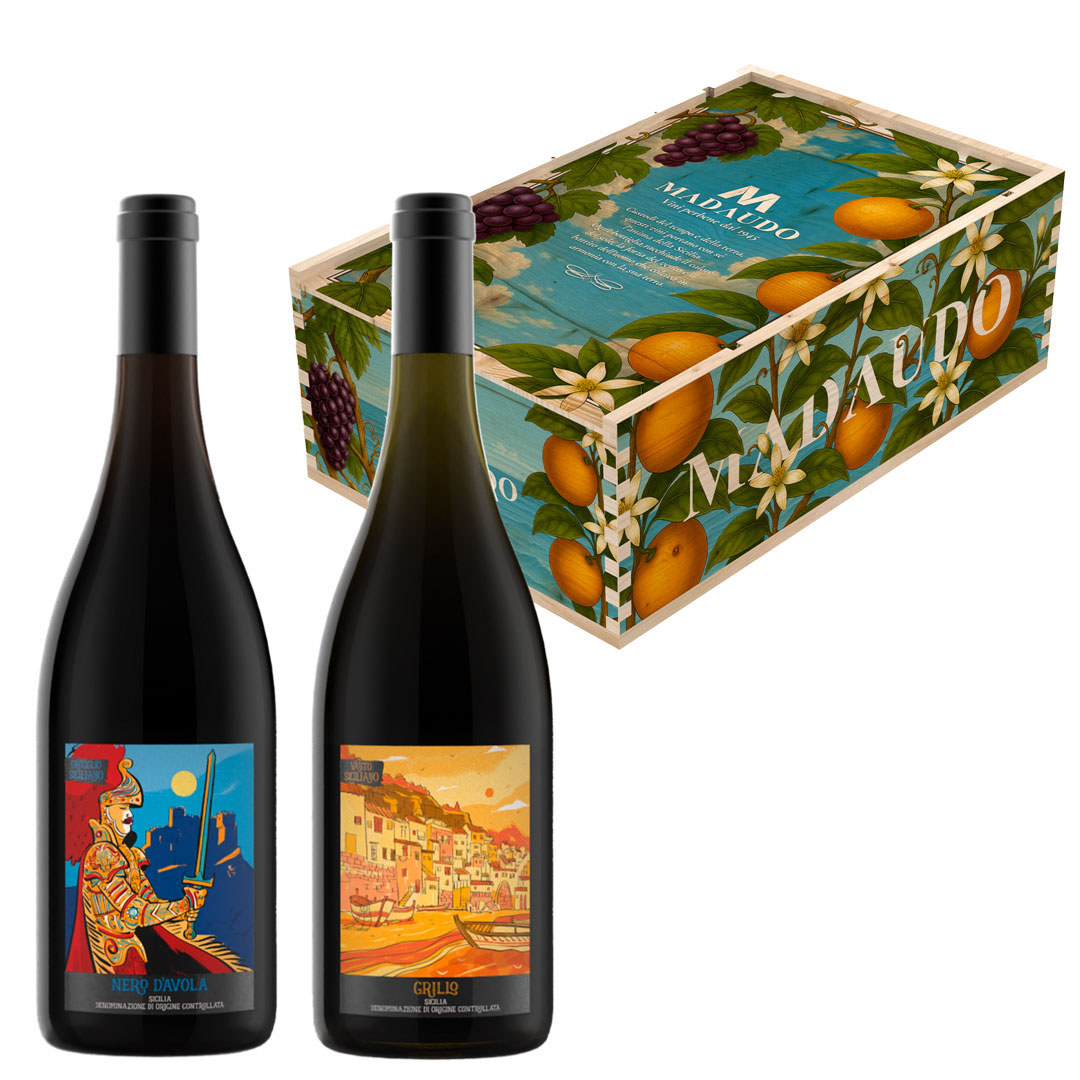 Cassetta in Legno - Sicilia Illustrata - 2 Bottiglie: Nero d'Avola DOC Sicilia - Grillo DOC Sicilia