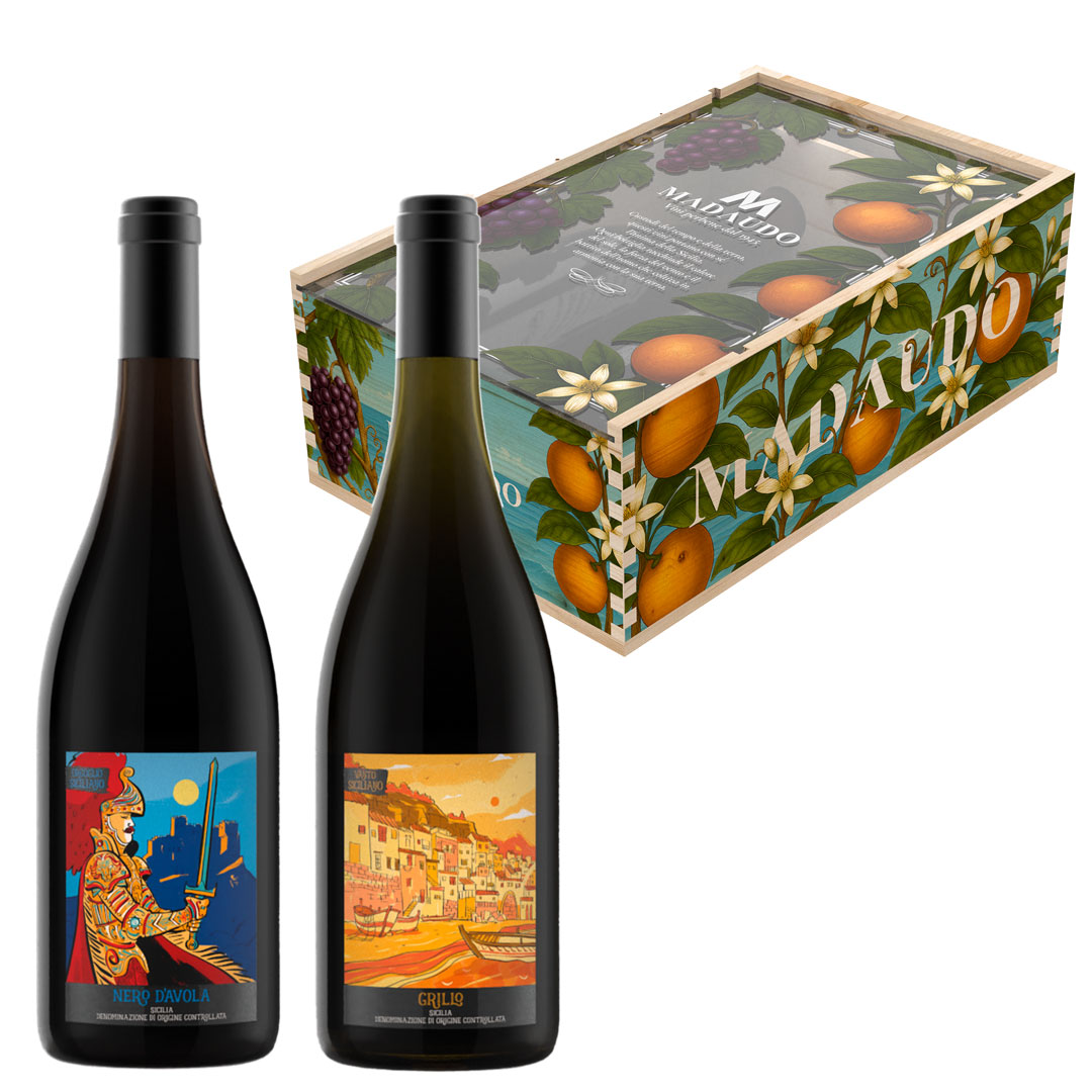 Cassetta in Legno - Sicilia Illustrata - 2 Bottiglie: Nero d'Avola DOC Sicilia - Grillo DOC Sicilia - immagine 3