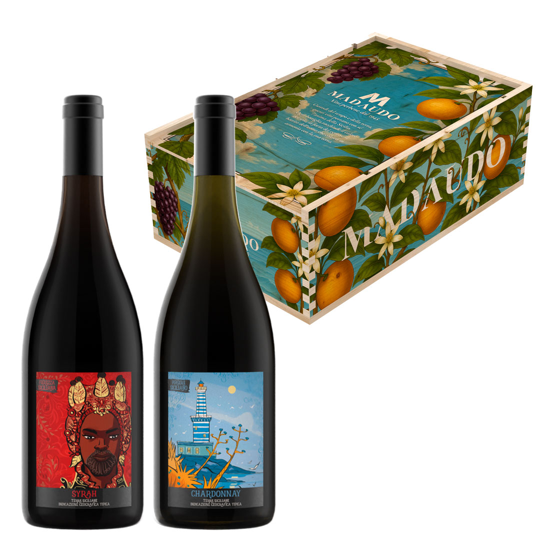 Cassetta in Legno - Sicilia Illustrata - 2 Bottiglie: Syrah IGT Terre Siciliane - Chardonnay IGT Terre Siciliane - immagine 3