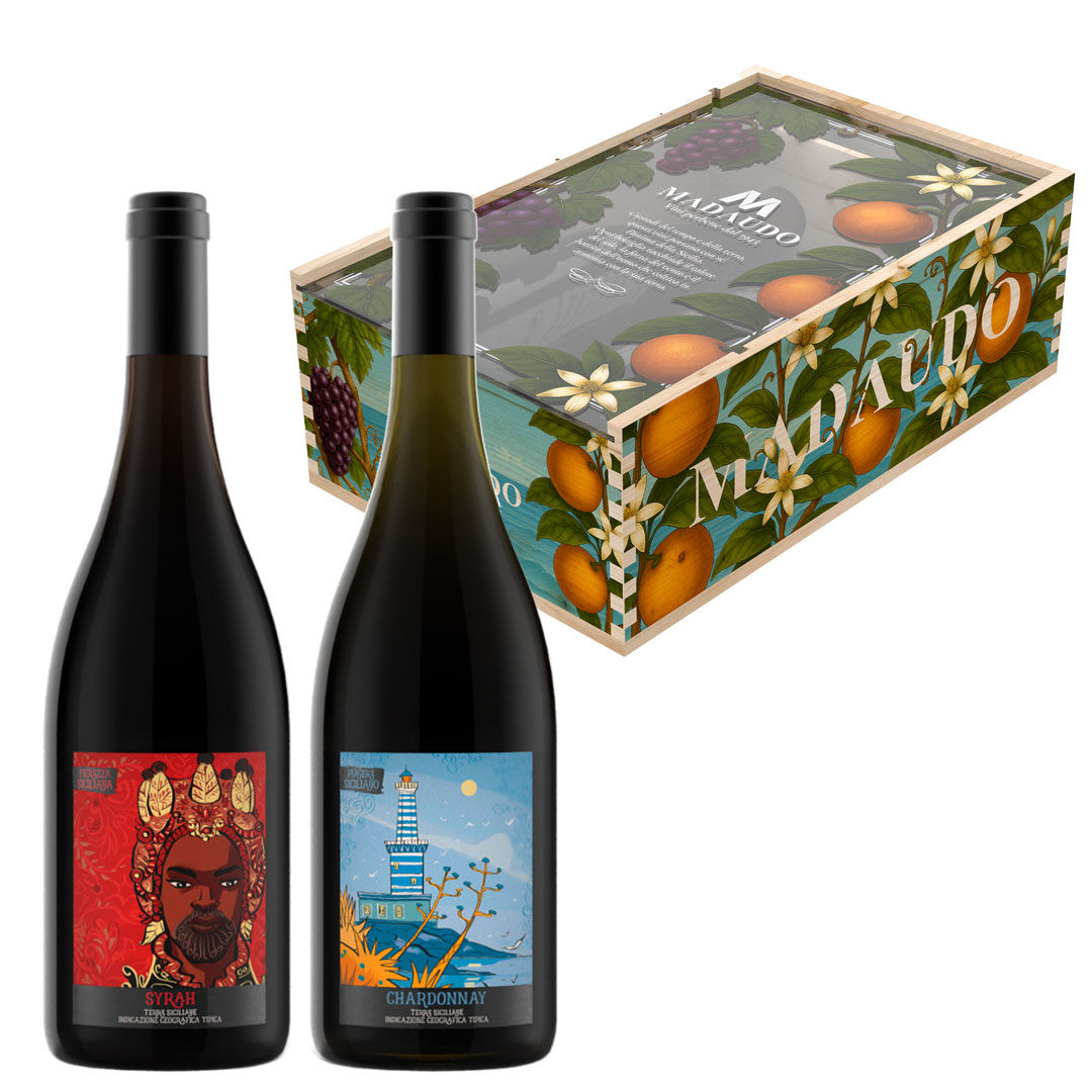 Cassetta in Legno - Sicilia Illustrata - 2 Bottiglie: Syrah IGT Terre Siciliane - Chardonnay IGT Terre Siciliane