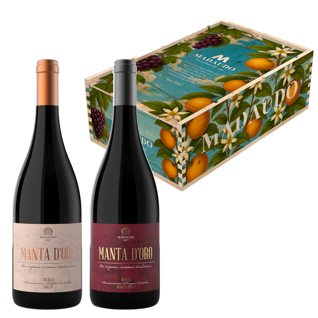 Cassetta in Legno - Manta D'Oro - 2 Bottiglie: Nero d'Avola DOC Sicilia + Grillo DOC Sicilia - immagine 3