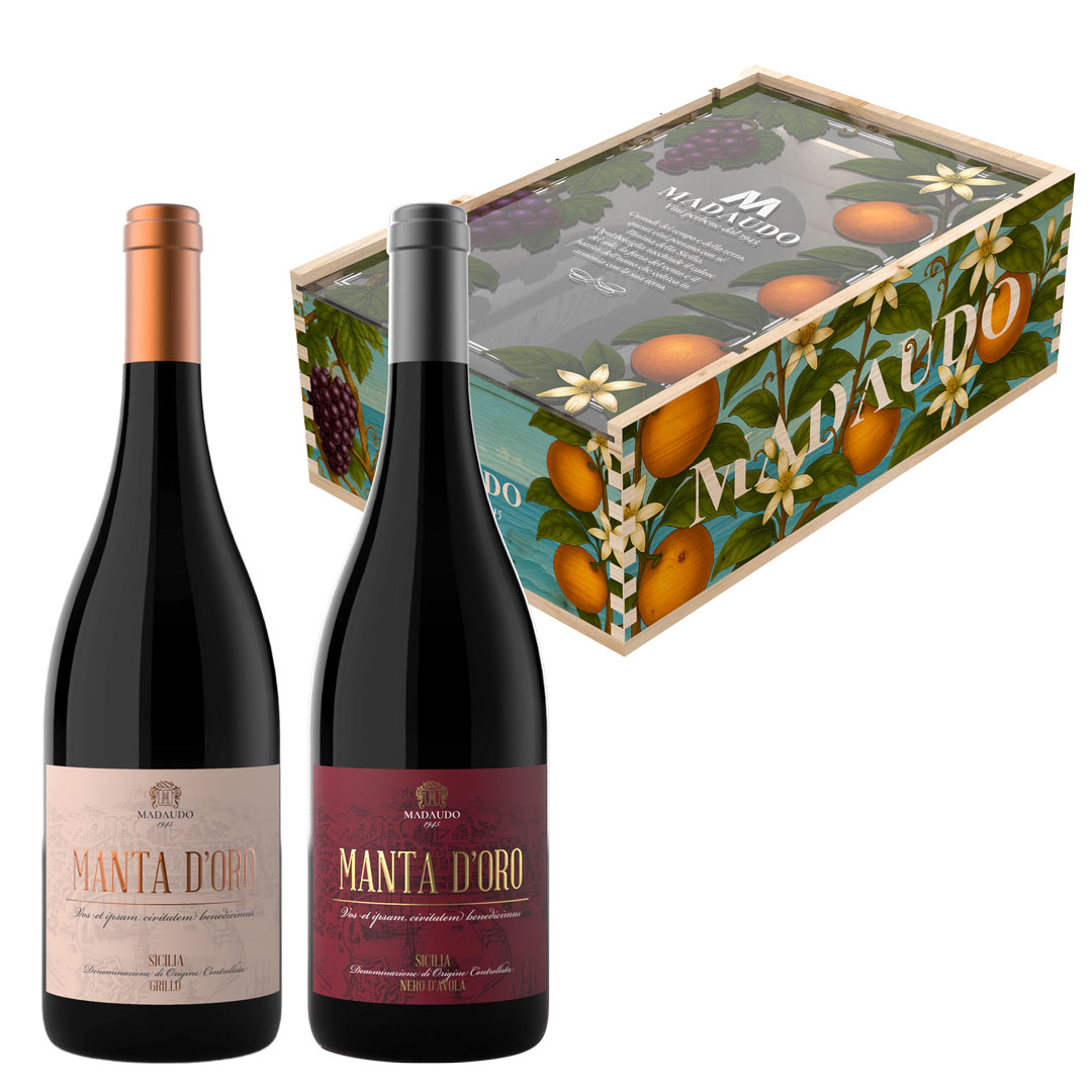 Cassetta in Legno - Manta D'Oro - 2 Bottiglie: Nero d'Avola DOC Sicilia + Grillo DOC Sicilia
